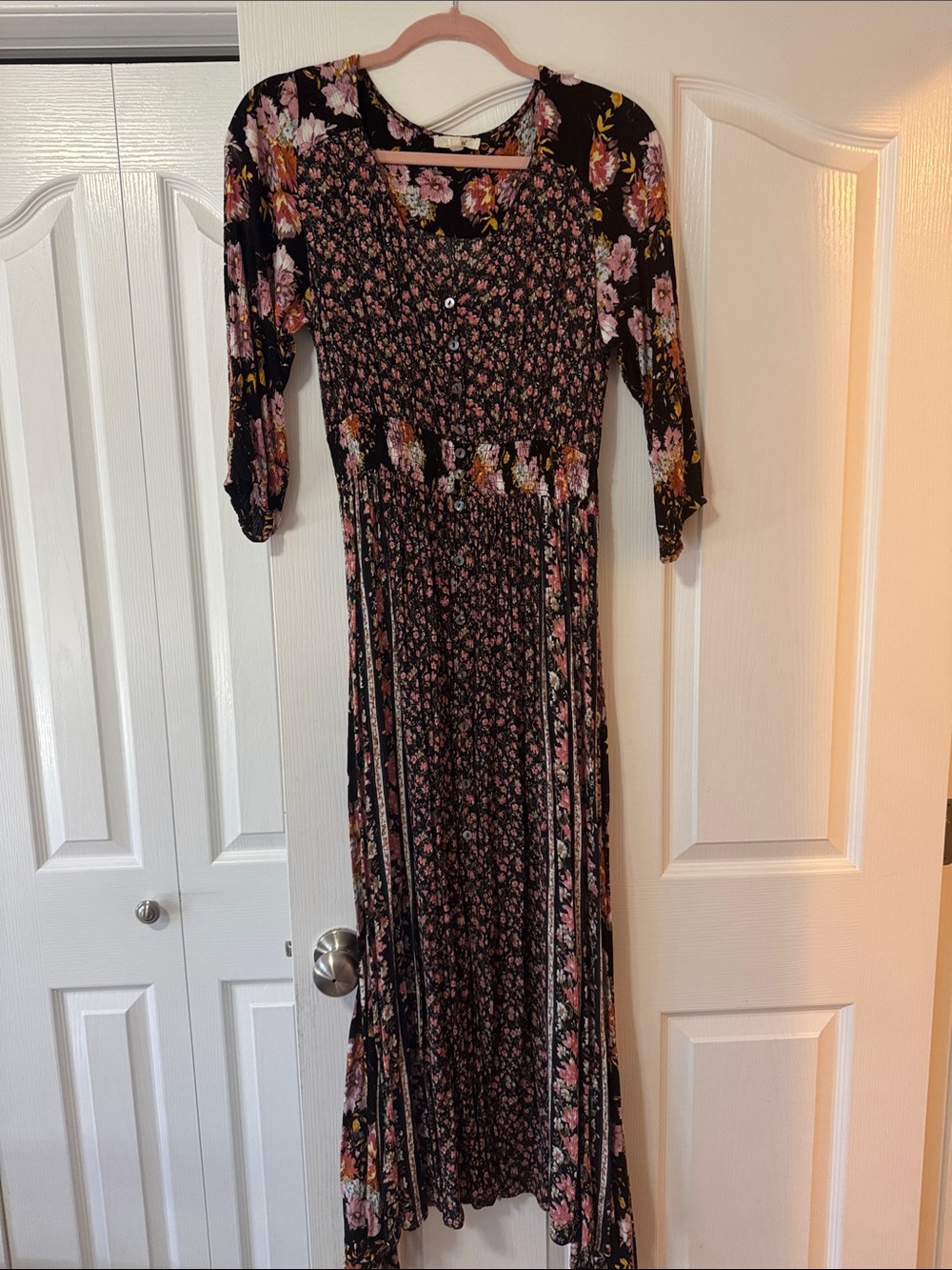 ODDY Black Maxi Dress with Pink and Cream Floral Print